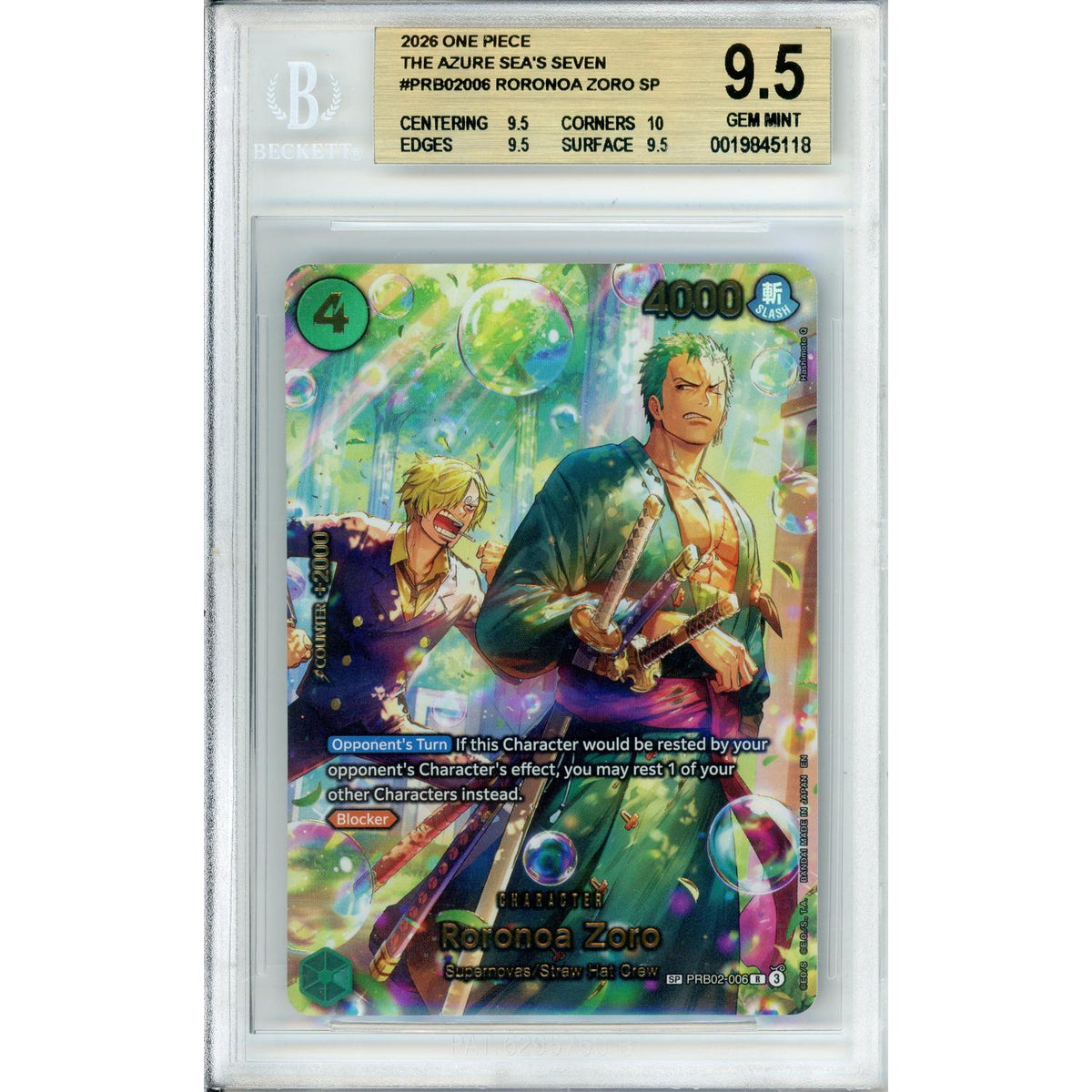 One Piece Graded: Roronoa Zoro Op14-Eb04 The Azure Sea's Seven (2026) Sp Beckett 9.5