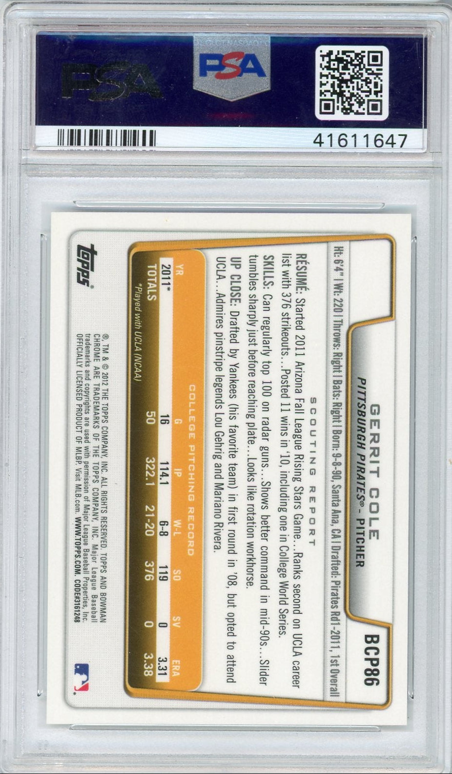Gerrit Cole 2012 1St Bowman Chrome Autograph PSA 9