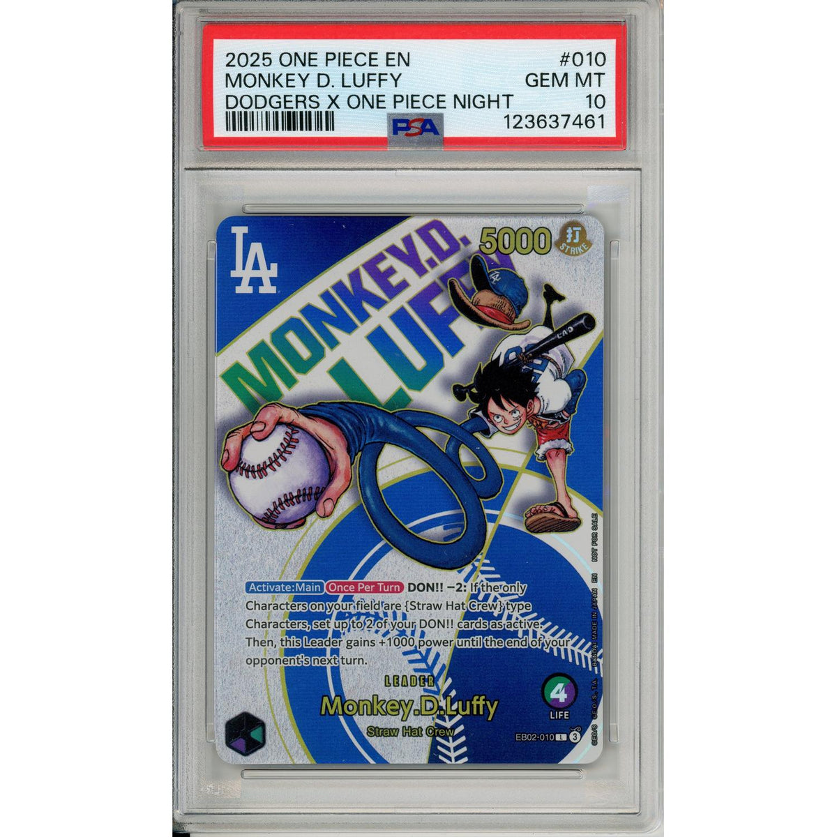 One Piece Graded: Monkey D. Luffy Eb02-010 Dodgers X One Piece Night (2025) PSA 10