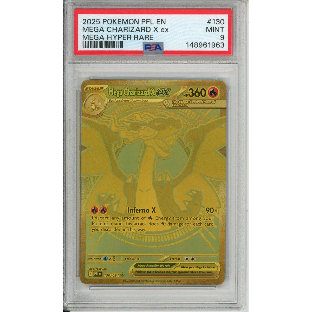 Pokemon Graded: Mega Charizard X Ex 130/94 Phantasmal Flames (2025) Gold Hyper Rare PSA 9