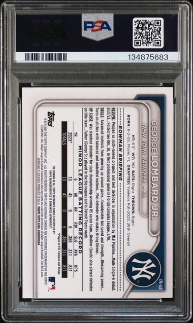George Lombard Jr. 2024 Bowman 1St Chrome Prospect Auto PSA 10