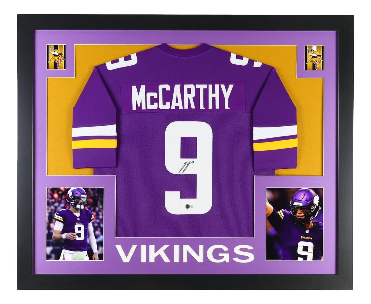 JJ McCarthy Minnesota Signed Framed Purple Football Jersey BAS