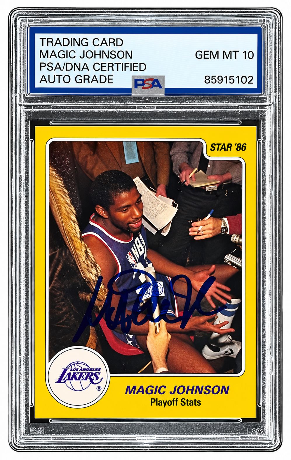 Magic Johnson Signed On Card 1986 Star #4 Lakers Trading Card PSA/DNA Gem MT 10