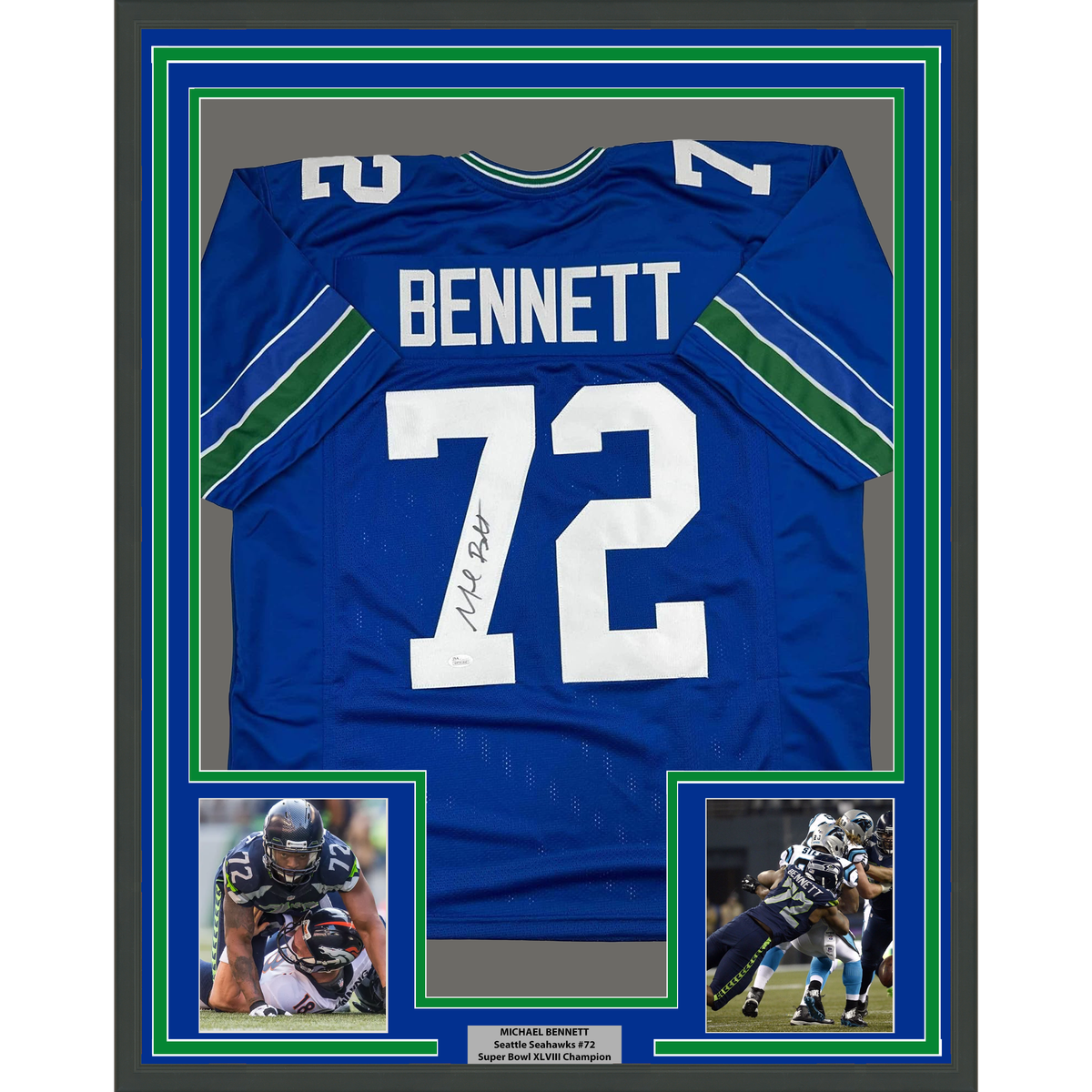 Framed Autographed/Signed Michael Bennett 35x39 Seattle Blue Retro Football Jersey JSA COA