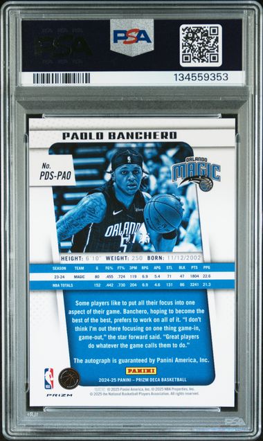 Paolo Banchero 2024 Panini Prizm Deca mojo prizm autograph #'d 12/25 PSA 10