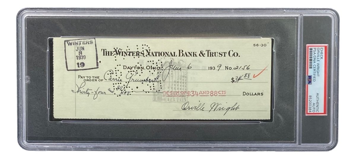 Orville Wright Signed Slabbed Bank Check PSA/DNA 85200384