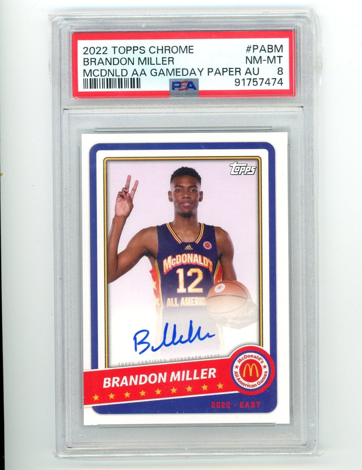 Brandon Miller 2022 Topps Chrome Mcdonald's Aa Gameday Paper Autograph PSA 8