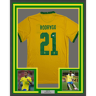 Framed Autographed/Signed Rodrygo Silva de Goes 35x39 Brazil Yellow Soccer World Cup Jersey Beckett BAS COA