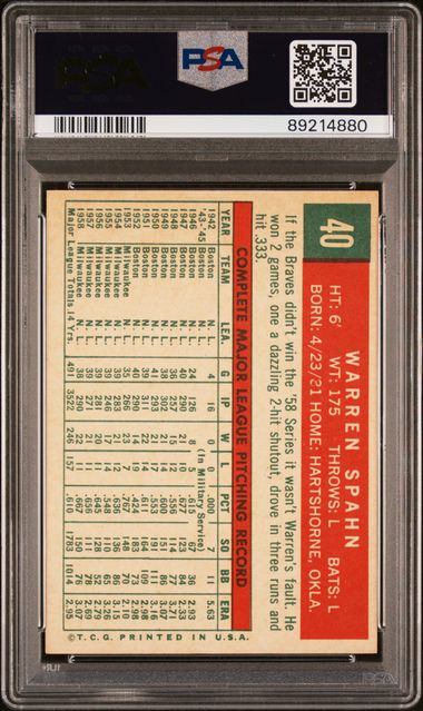 Warren Spahn 1959 Topps Born In 1931-3 Obscured #40 PSA 7
