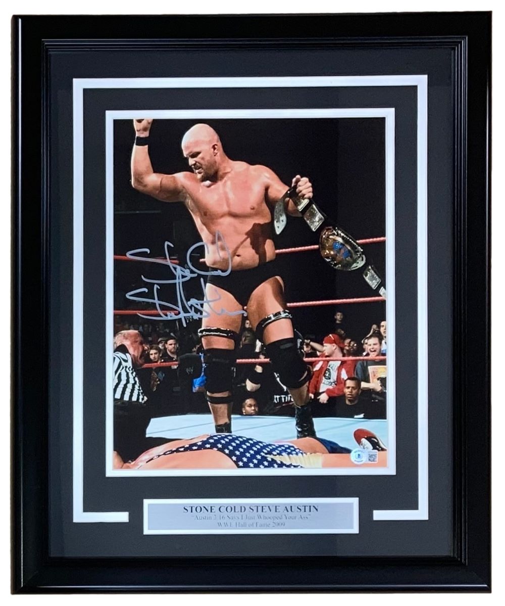 Stone Cold Steve Austin Signed Framed 11x14 WWE Photo vs Kurt Angle BAS