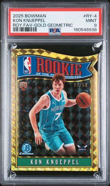 Kon Knueppel 2025 Bowman Basketball Rookie Of The Year Favorites Gold Geometric #'D 09/50 PSA 9