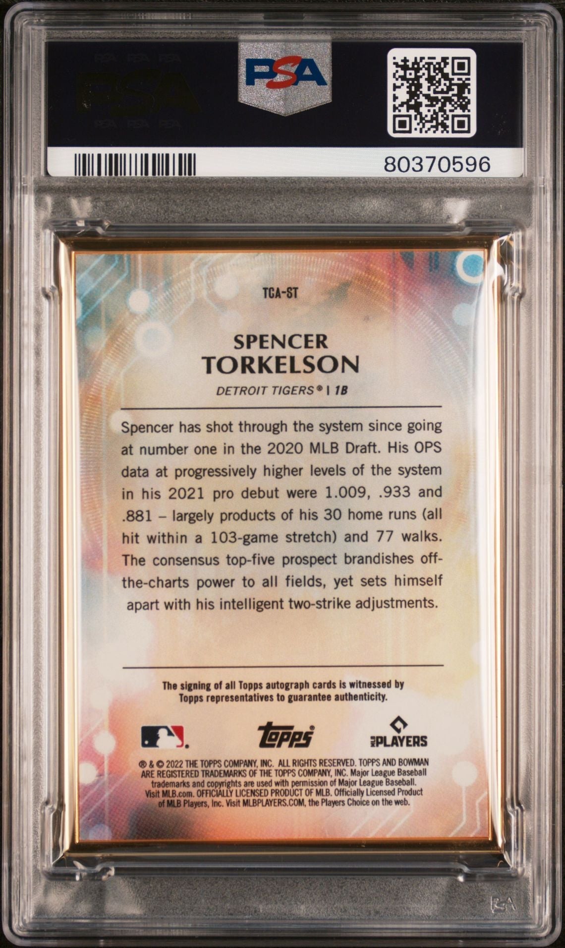 Spencer Torkelson 2022 Bowman Transcendent Autograph Rookie Card Blue #'D 08/10 PSA 9
