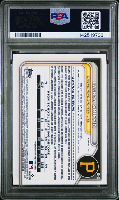 Konnor Griffin 2024 Bowman Draft 1St Bowman Chrome Refractor PSA 10