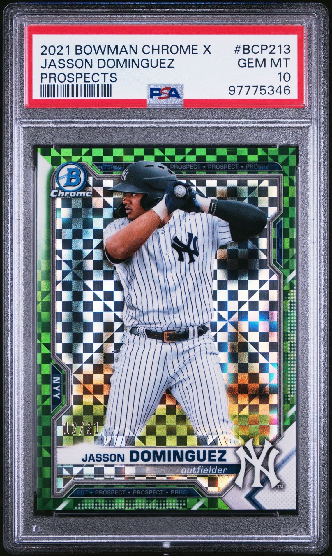Jasson Dominguez 2021 Bowman Chrome X Green Refractor #'D 12/31 PSA 10