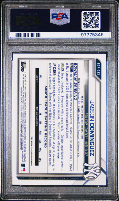 Jasson Dominguez 2021 Bowman Chrome X Green Refractor #'D 12/31 PSA 10